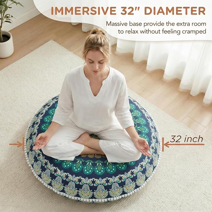 Codi Meditation Floor Pillow Set of 2, Round Large Pillows Seating for Adults and Teens, Bohemian Mandala Circle Cushions for Outdoor Fireplace Yoga Living Room, 32 Inch, Memory Foam Added, Green