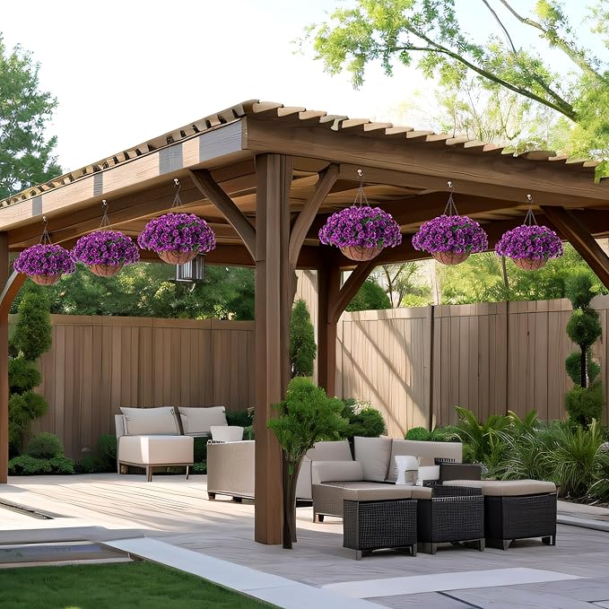 Artificial Hanging Flower Plants with Basket for Spring Summer Outdoor Decoration, Faux Petunias Flowers Fake Morning Glory Planter for Outside Patio Garden Porch Balcony Yard Spring Decor(Lotus)