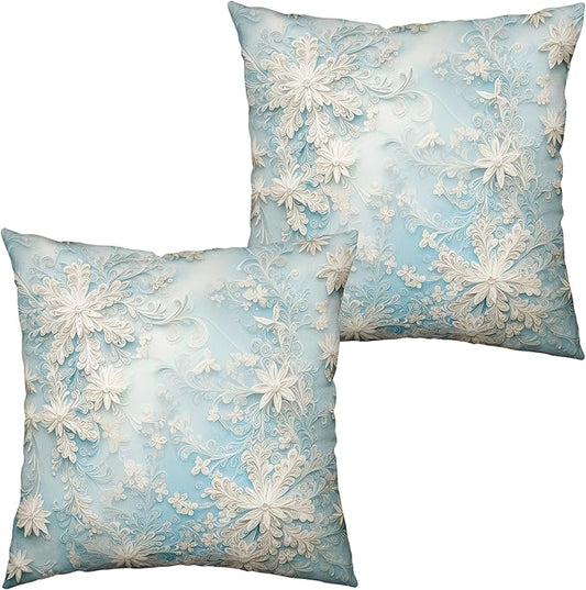 Blue Snowflakes Pillow Covers Winter Throw Pillow Covers 16x16 Set of 2 Snow Flower Pillowcase Floral Double Sided Printing Cushion Case for Living Room Bedroom Couch Sofa