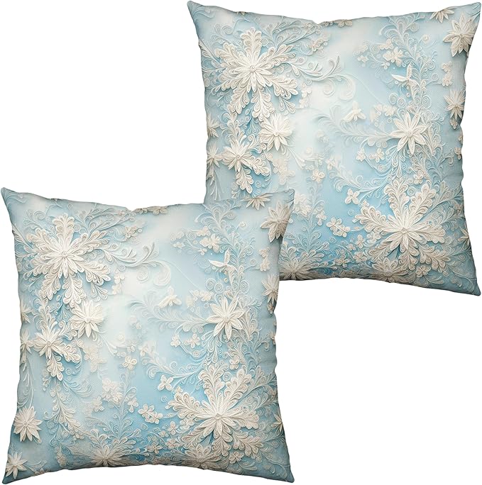 Blue Snowflakes Pillow Covers Winter Throw Pillow Covers 22x22 Set of 2 Snow Flower Pillowcase Floral Double Sided Printing Cushion Case for Living Room Bedroom Couch Sofa