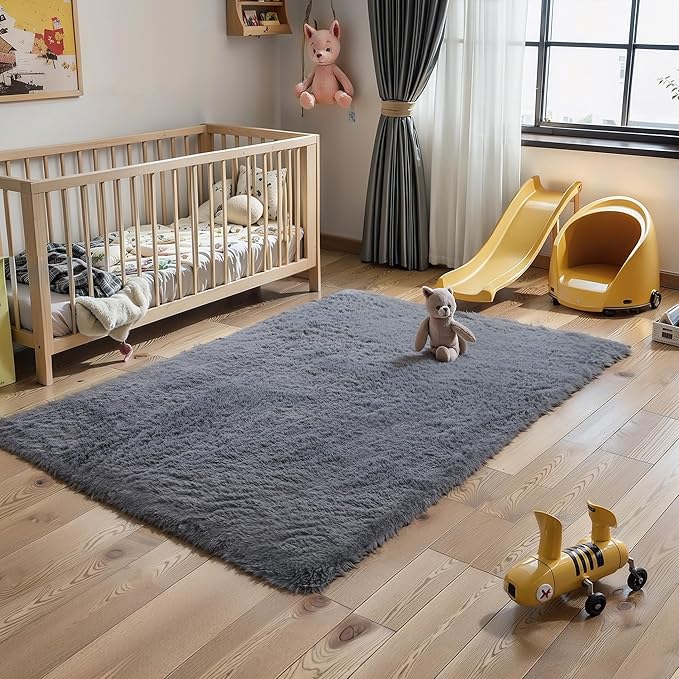 KICHOWUA 3x5 Grey Fluffy Shag Rug for Bedroom Soft Plush Fuzzy Washable Non Slip Carpet, Modern Floor Cozy Furry Shaggy Small Area Rug for Living Room, Kids Baby Boys Girls Nursery Dorm Room