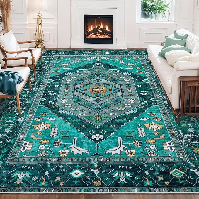 SERISSA Washable 8x10 Area Rugs Teal, Large Non-Slip Boho Living Room Rug, Ultra Soft Print Distressed Vintage Oriental Tribal Farmhouse Carpet for Dining Room Bedroom Dorm Office Home Decor