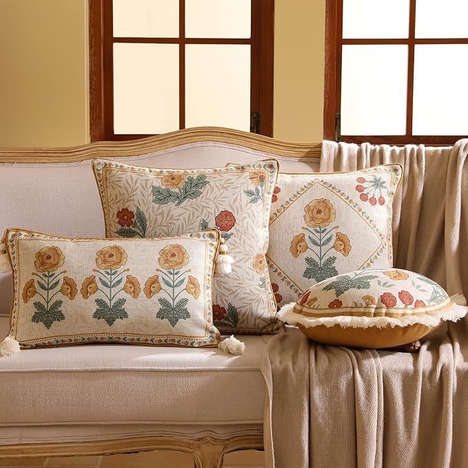 patdrea French Vintage Linen Throw Pillow Cover,12"x20"-RosaSilvestre D | Decorative Pillow Case,Yellow Floral Pattern,Cushion Coverfor Couch Living Room Bedroom Sofa,Tassel Pendant