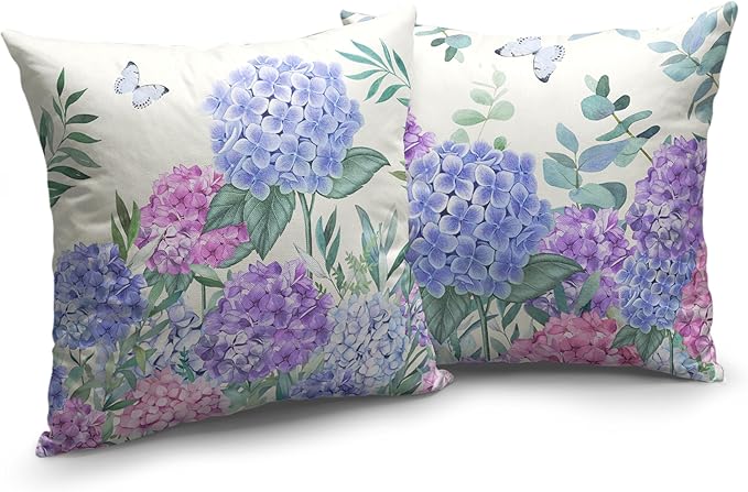 Hydrangea Pillow Covers 16x16 Set of 2 Spring Flowers Outdoor Pillow Covers Blue Purple Hydrangea Eucalyptus Throw Pillowcase Cotton Linen Cushion Case for Sofa Outdoor Patio