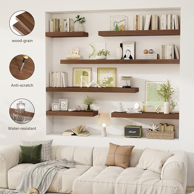Acovy 24 Inch Floating Shelves, 12" Deep Floating Shelf Wall Mounted, 24" Wall Shelves, Rustic Deep Bookshelf, Extra Deeper & Thicker Display Shelves for Bedroom, Living Room, Walnut, Set of 2