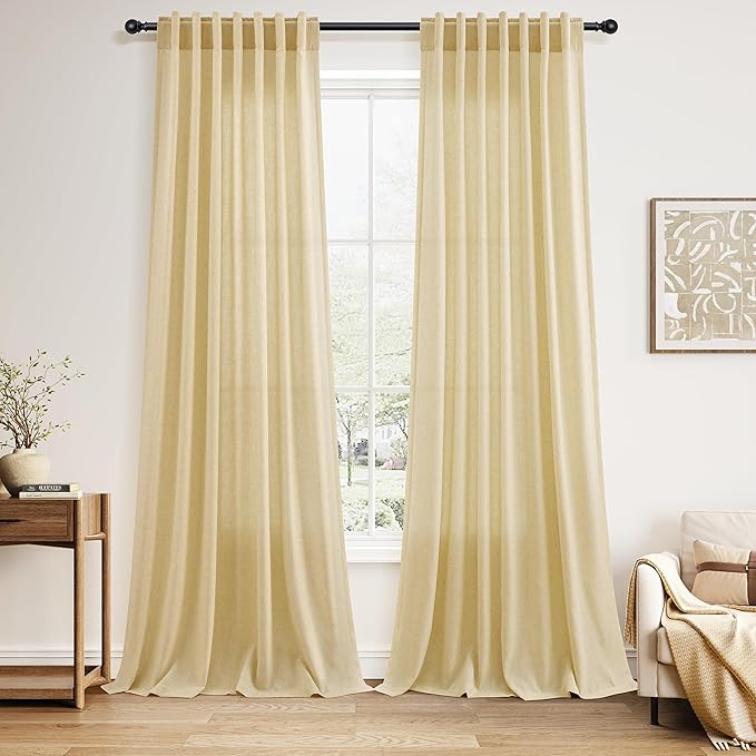 Nanspring Cream Yellow Curtains 108 Inches Long for Living Room Linen Light Filtering Modern Farmhouse Sheer Curtains Back Tab Floor to Ceiling High Window Curtain for Bedroom Office 52x108, 2 Panels