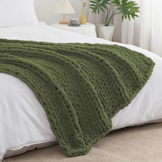 Chunky Knit Throw Blanket 50x60, 100% Handmade Chenille Yarn | 4.4lbs Soft Thick Cable Knitted Blankets, Large Rope Knot Crochet Throws for Couch Sofa Bed Christmas Fall Decor, Olive Green