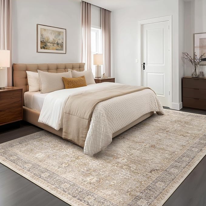 Earth Tone 7x10 Rugs for Living Room, Vintage Neutral Area Rug for Bedroom Dining Room, Low Pile Thin Washable Non Slip Room Rug for Home Office Playroom Family Room, Farmhouse Beige Taupe