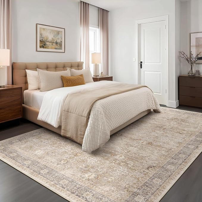 Beige Big Rug 10x12, Vintage Neutral Carpet Large Size 10x12 for Living Room Bedroom, Washable Non Slip Low Pile Thin Room Rug for Dining Room Family Room, Farmhouse Beige Taupe
