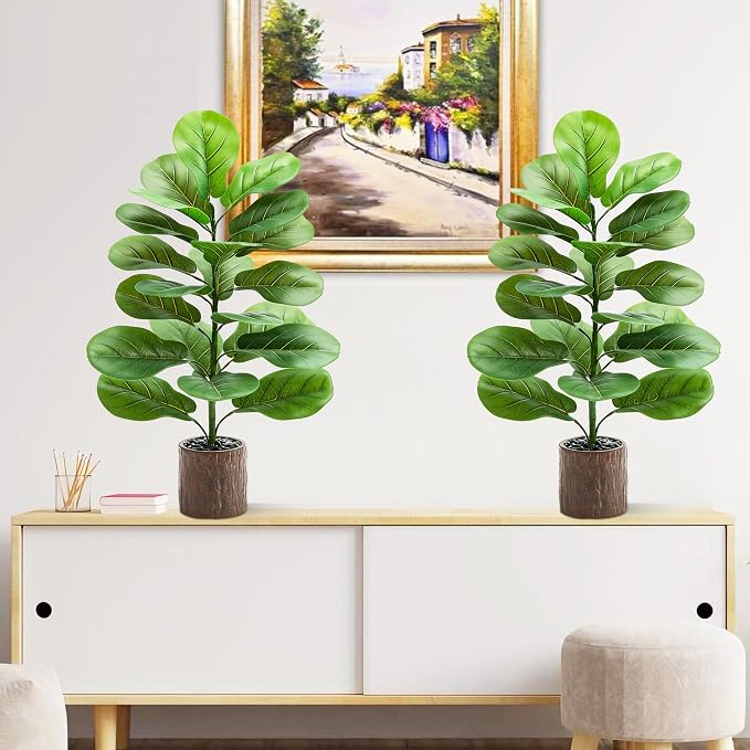 2 Pack Artificial Fiddle Leaf Fig Tree 30in, Large Realistic Faux Ficus Lyrata Plant with Wood-Grain Pot Table Top Faux Plant for Indoor Outdoor Home, Office, Living Room, Bathroom Decor
