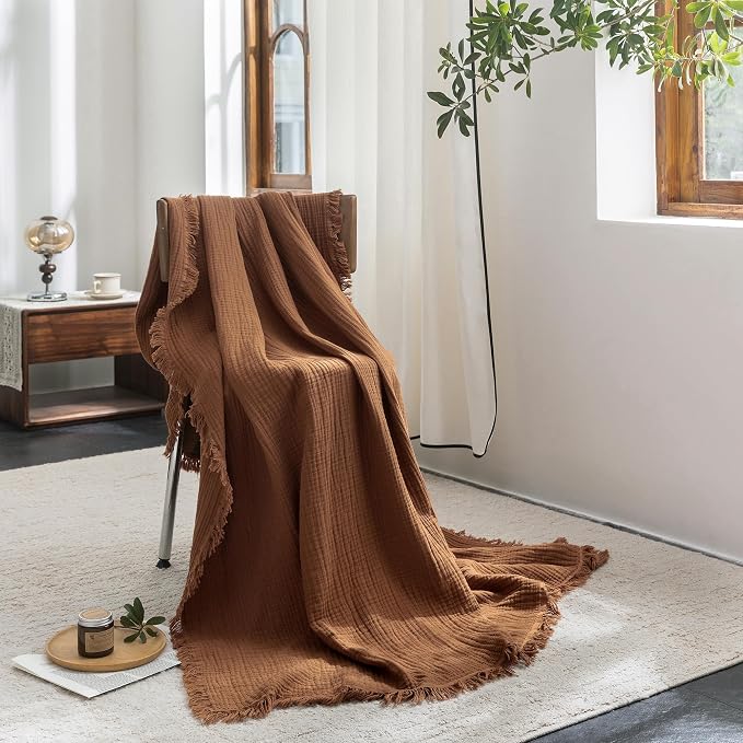FOSSA Muslin Blanket 4-Layer 100% Cotton Gauze Blanket with Fringe 66"x90" | Super Soft Breathable Lightweight All Season & Decorative Blanket or Bed, Sofa, Office (Dark Orange,Twin XL)
