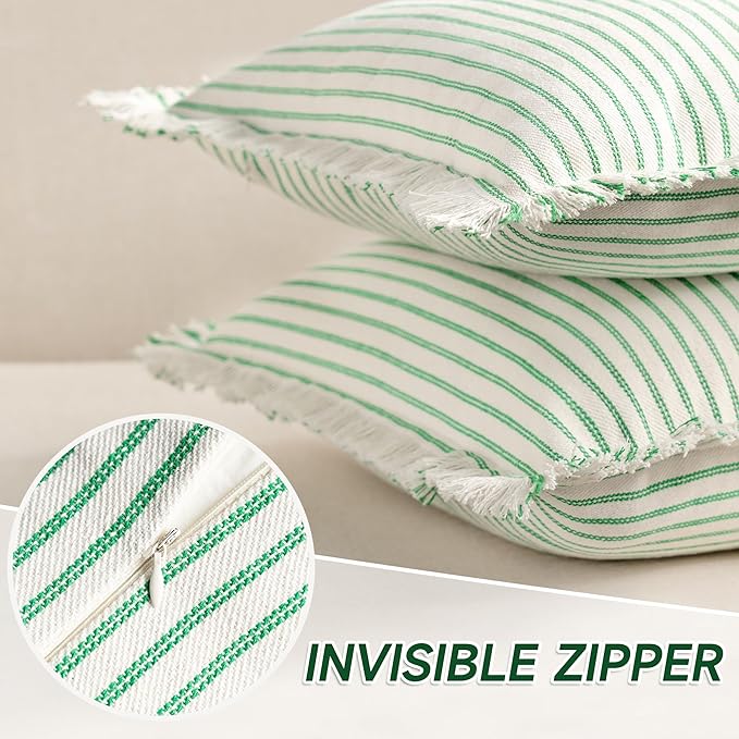 ZWJD Throw Pillow Covers 22x22 Set of 2 Green Striped Pillow Covers with Fringe Chic Cotton Decorative Pillows Square Cushion Covers for Couch Bed Living Room Farmhouse Spring Decor
