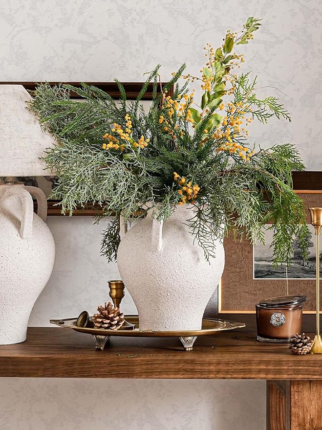 White Ceramic Vase with 4 Handles, 8.8" Rustic Farmhouse Centerpiece - Decorative Flower Vase for Living Room, Table, Bookshelf, Mantel, Entryway & Wedding Home Decor (Rock Sand White)