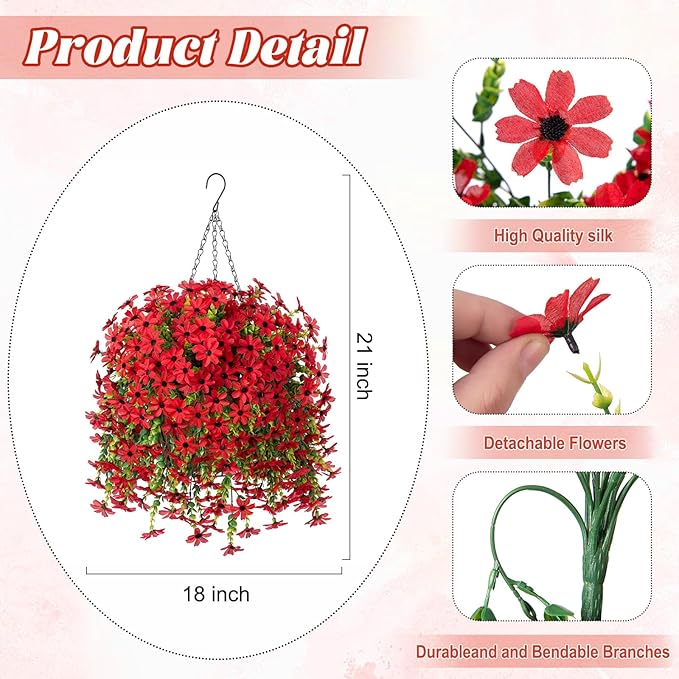 INXUGAO Artificial Hanging Flowers Plants with Basket for Outdoors, Realistic Faux Silk Daisy Flower Eucalyptus for Spring Decor, UV Resistant Fake Plants for Porch Patio Yard Balcony (Red)