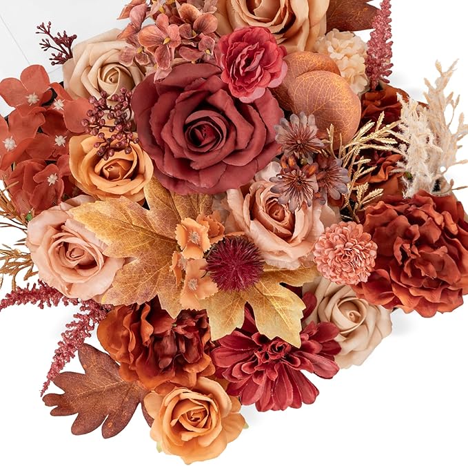 TINGE TIME Silk Fake Flowers Combo, Fake Foam Roses with Stems for DIY Wedding Bouquets Centerpieces Baby Shower Party Home Decorations(Terracotta)