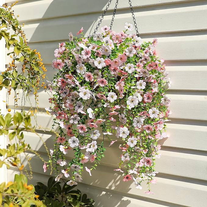 Artificial Flowers for Outdoors Spring Decor, 6 Bundles UV Resistant Realistic Faux Silk Hanging Flowers, Fake Plants for Planter Indoor Outside Garden Porch Patio Balcony Yard (Pink White)