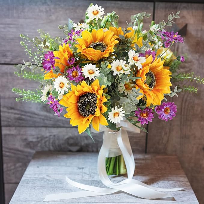 CEWOR Artificial Sunflowers Fake Cemetery Flowers for Grave Bouquet with Sunflowers for Bridal Bouquets Wedding Centerpieces Decor Party Table Gravesites Fall Floral Arrangements Home Decoration