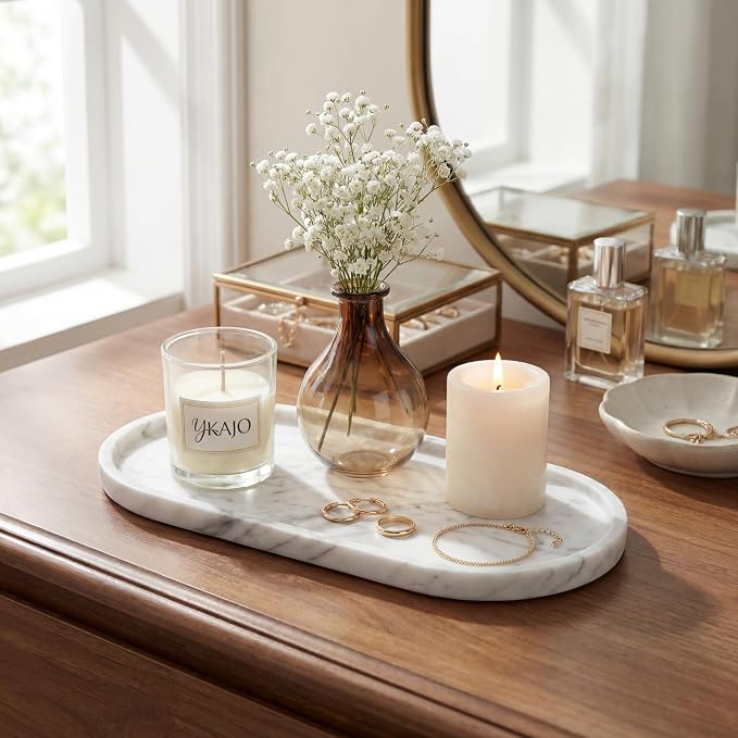 YKAJO Carrara White Gray Oval Marble Tray, 11.8x5.9 Perfume Organizer Dish | Honed natural stone; holds jewelry, rings, keys, candles, trinkets; for dresser, nightstand, bath counter