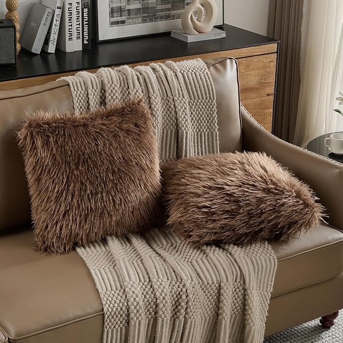 FUTEI Pack of 2 Shaggy Mongolian Faux Wool Throw Pillow Covers 18x18 Inch Soft Decorative Cushion Case for Couch Bed Living Room, Dark Brown