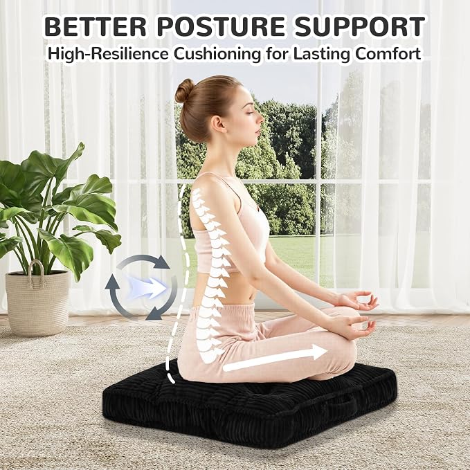 Meditation Floor Cushion Set of 2, 22x22 Tufted Floor Pillow for Adults, Square Large Meditation Cushion Pillow, Black Corduroy Sitting Pillow with Handle, Yoga Seating for Tatami