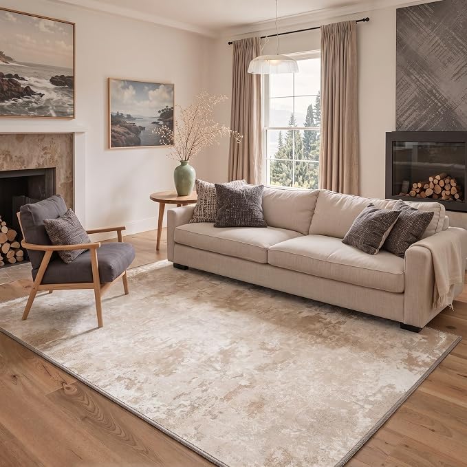 BEIMO Area Rugs 5x7 for Living Room Bedroom, Modern Abstract Machine Washable Rug, Large Soft Low Pile Floor Cover with Non Slip Backing for Dining Room, Beige White