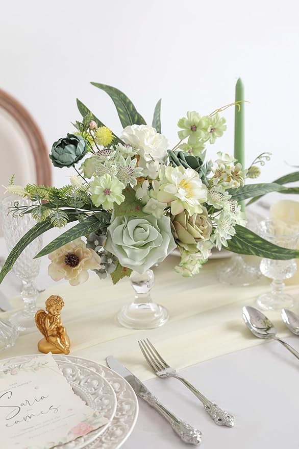 rongflower Forest Green Artificial Flowers Combo Box Set Silk Flowers Fake Rose for DIY Floral Arrangements Wedding Bouquets Centerpieces Baby Shower Party Home Decorations