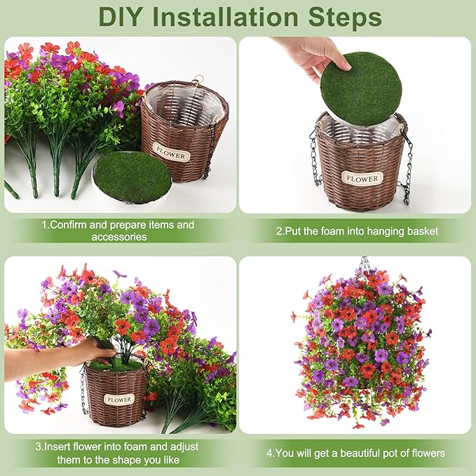 Artificial Flowers Hanging Baskets, 4 Bundles Outdoor Hanging Basket Spring Summer Decoration, No Fade Realistic Fake Flowers Plants for Porch Patio Balcony Home Yard Decor(Red Purple)