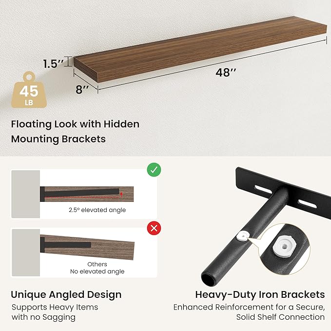 Fun Memories Rustic Wood Floating Shelves for Wall, Space-Saving Wall Mounted Shelves for Bathroom, Bedroom, Living Room and Kitchen, Stylish Storage & Display (Set of 2, Walnut, 48 in)
