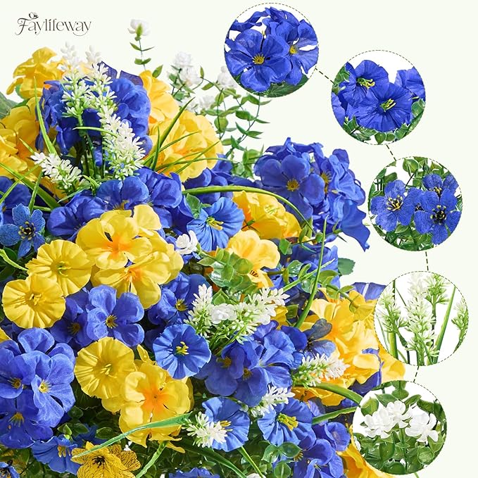 16 Bundles Artificial Flowers for Outdoors, UV Resistant Silk Faux Flowers for Outside Planters,Garden,Porch,Patio,Yard,Home Decor(Blue&Yellow)