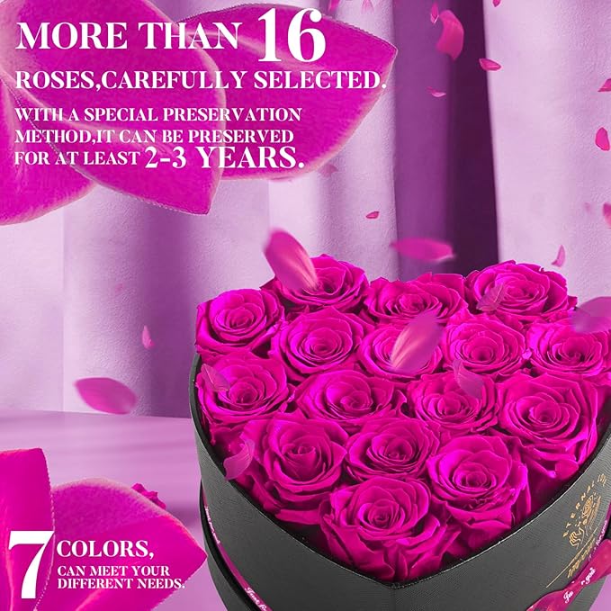Impouo 16 Pcs Preserved Flowers Rose in a Heart Shape Box,Preserved Flowers,Gifts for Women,Mothers' Day,Valentine's Day or Valentine’s Day,Pink Roses