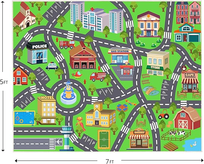 Kids Room Rug - Soft & Non-Slip 5x7 Ft Town Car Rug City Map Play Mat, Childrens Road Catpet Washable Rug for Classroom Nursery Bedroom Boys