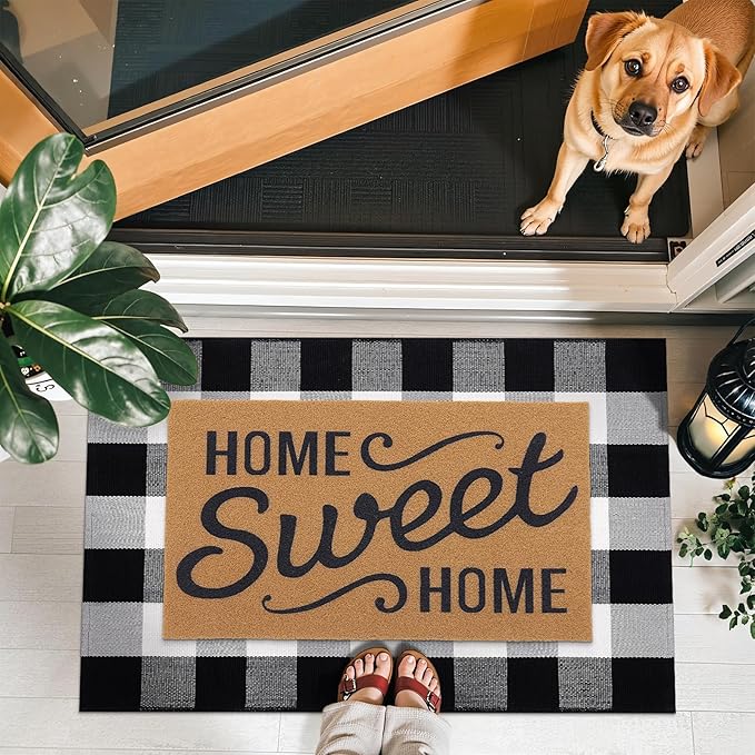 OLANLY Buffalo Plaid Rug 4' x 6' – Black and White Cotton Checkered Doormat, Washable Indoor Outdoor Rug for Layered Front Porch, Kitchen, Entryway Decor