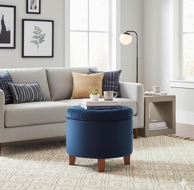 HomePop 19" Velvet Button Tufted Round Storage Ottoman - Navy Blue