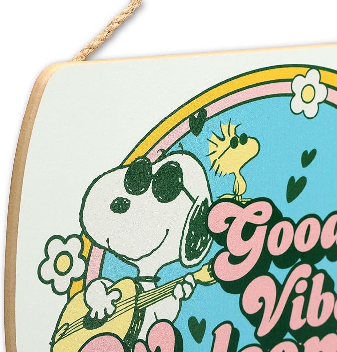 Peanuts Snoopy Good Vibes Welcome Hanging Wood Wall Decor - Fun Snoopy Sign for Home, School or Office