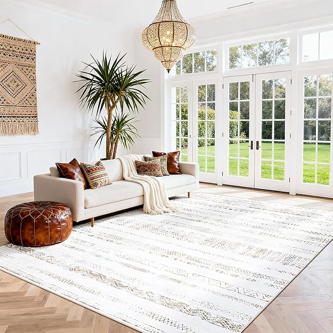 Srugn Moroccan Washable Rugs 8x10 Area Rugs for Living Room,Bedroom,Dining Room- Large Ultra Soft Faux Wool Retro Carpet,Non Slip&Non-Shedding Low Pile Vintage Print Rug-(Light Brown-White)
