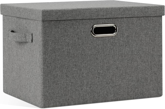 Graciadeco Large 17" 36 Quart Collapsible Stackable Storage Bins with Lids, 1 Pack Grey Foldable Fabric Closet Storage Boxes with Lids, 4 Handles Heavy-duty Linen Cube Baskets for Bedroom