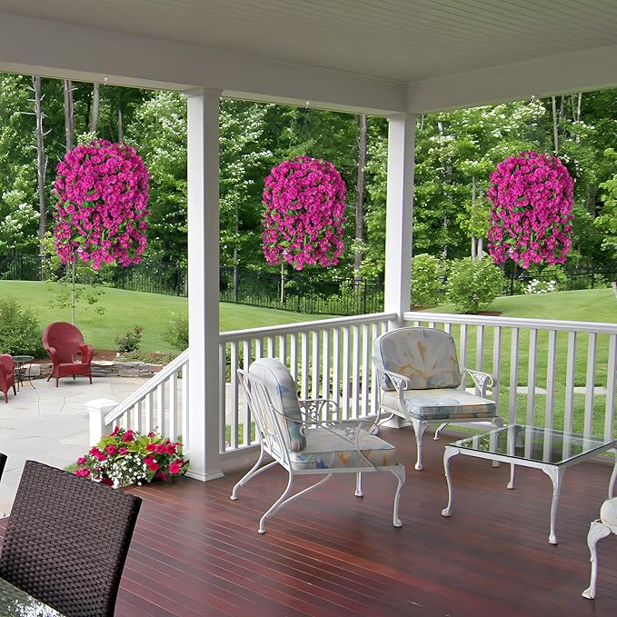 Ammyoo Artificial Faux Hanging Flowers Basket for Spring Summer Outdoor Porch Decoration, Fake Silk Colorful Morning Glory Eucalyptus in Planter UV Resistant for Home Balcony Yard(Red Purple)