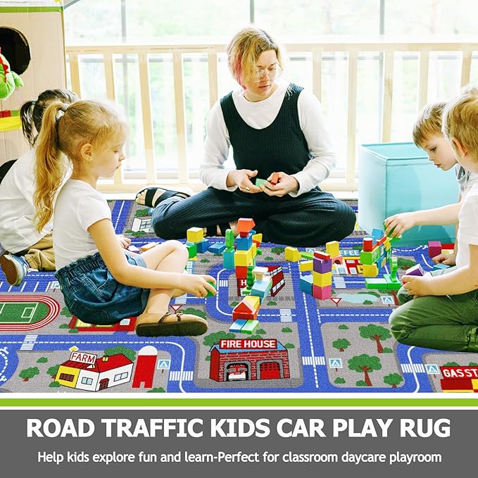 Capslpad Blue Car Road Kid Rug Carpet Playmat for Playoom Traffic Road Kids Play Mat for Toddler Non Slip Washable City Map Race Track Carpet Rug for Kids Room Playroom Classroom Decor,6.6'x9.8'