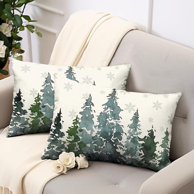 Watercolor Pine Tree Lumbar Pillow Covers 12x20 Winter Rustic Nature Forest Rectangle Pillow Covers Set of 2 Green Forest Woodland Cotton Linen Cushion Case for Couch Outdoor Living Room