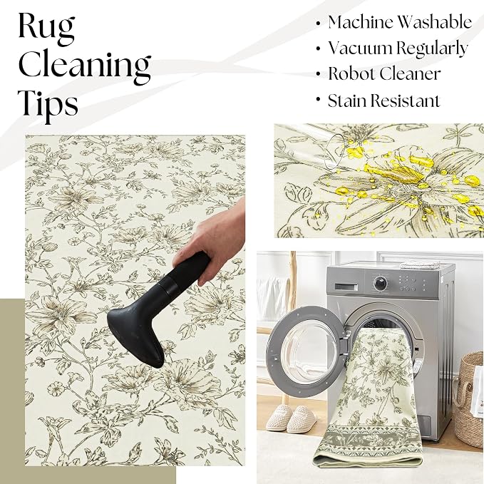 Greyish Beige Floral Rug 5x7 Machine Washable Area Rug for Living Room Vintage Boho Farmhouse Low Pile Distressed Carpet for Dining Room, Bedroom Indoor Non-Slip Tan Taupe Flower Design Home Decor