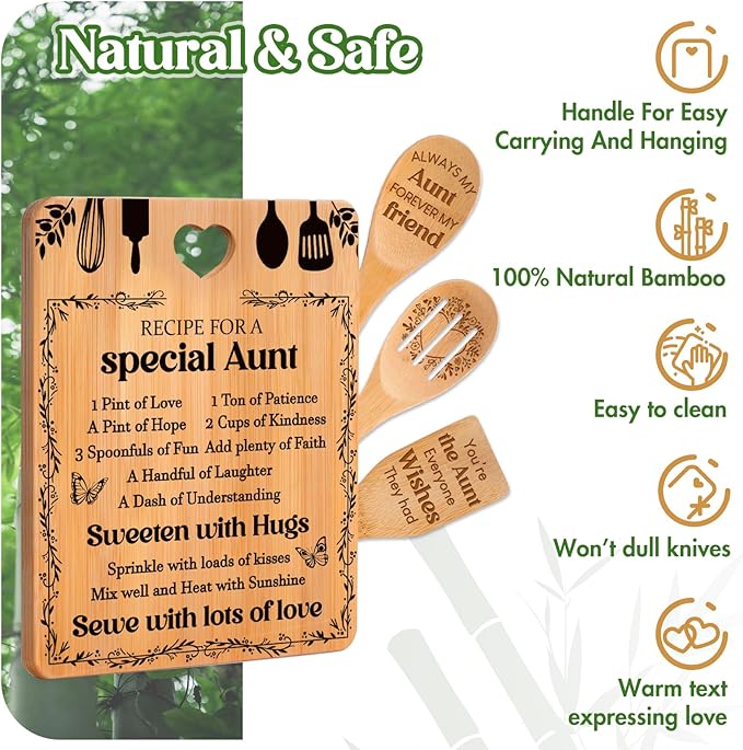 Gifts for Aunt - "Recipe for a Special Aunt" Aunt Birthday Gifts Cutting Board Set, Bamboo-Made Engraved Utensil Set, Aunty Birthday Gifts, Mothers Day Gifts for Aunt