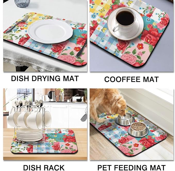Coffee Bar Super Absorbent Anti-Slip Dish Drying Mats for Countertop - Silicone Flower Decor Fit Coffee Maker & Espresso Machine - 24inx18in