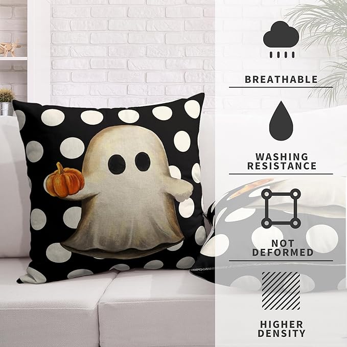 Cute Halloween Throw Pillow Covers Ghost Holding Pumpkin Pillow Case 20x20 White Polka Dot Horror Spooky Cushion Case Set of 2 for Couch Sofa Holiday Party Decorations