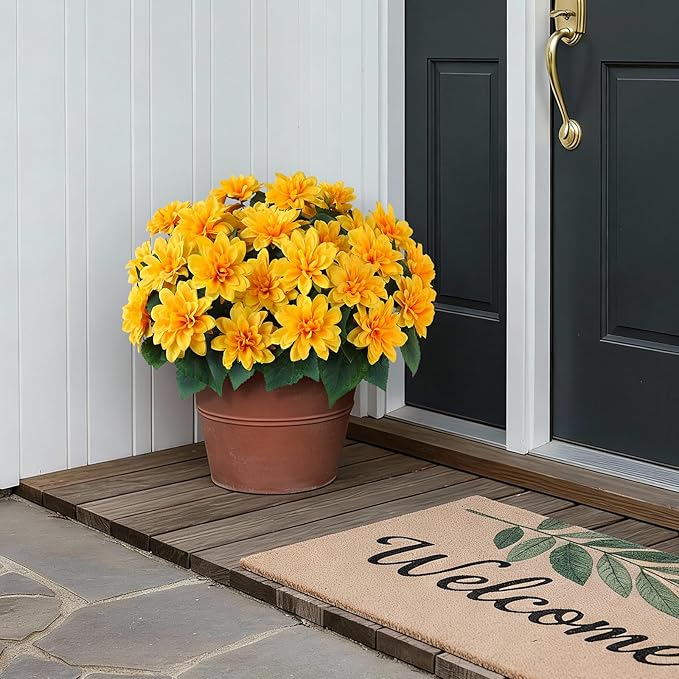 VIERENA 8 Bundles Artificial Dahlia Flowers for Outdoors Spring Summer Decor, No Fade Silk Flower Faux Dahlias Plant Arrangement for Home Garden Balcony Farmhouse（Yellow）