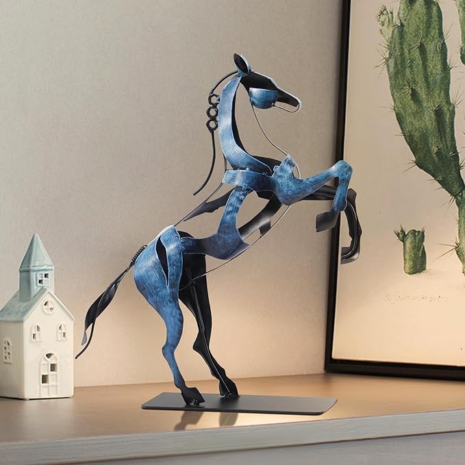 SunBlogs Art Metal Horse Statue Décor, Handmade & Hand-Painted Modern Western Horse Decoration, Rustic Iron Sculpture Gifts for Home Office for Horse Lovers (Blue)