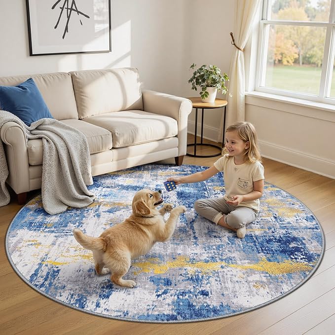 RELEANY Washable Area Rugs 8ft Non-Slip Modern Abstract Soft for Living Room Entryway Bedroom Nursery, Print Pattern, Grey Blue Gold/Golden