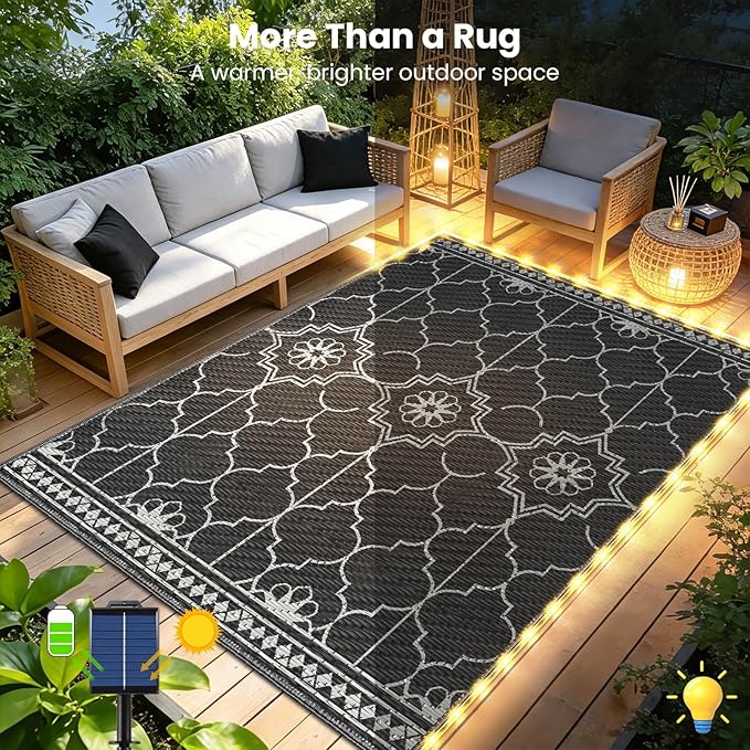 8x10Ft Outdoor Rug, Solar Powered Outdoor Rug with 113LEDs Strip Lights for House Deck, Waterproof Plastic Reversible Outdoor Straw Rugs, Rugs RV Camping Patio Courtyard Beach Picnic(Black Gray)