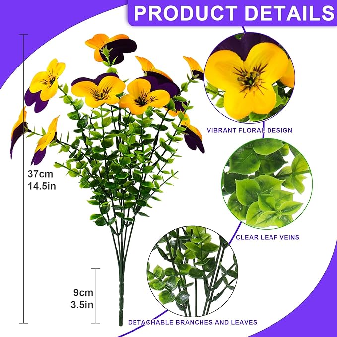 lovemoon 2 Set Artificial Outdoor Pansies Flowers with Hanging Baskets, 2 Hanging Planters with 24 Pcs Silk Pansy Flowers for Spring Easter Decorations Porch Patio Home Decor (2, Purple, Yellow)