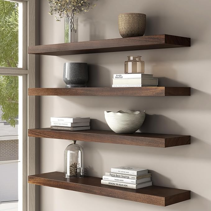 FLYJOE Floating Shelves for Wall, USA-Sourced Walnut Wood 36 Inch Long Wall Shelves Set of 2, Natural Wooden Wall Mounted Picture Ledge Shelf, Nursery Book Storage Shelf Kids Bookshelf, Display Shelf