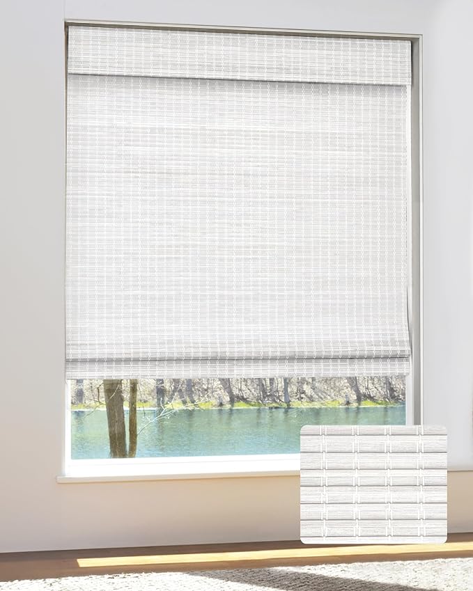 UNISHADES Cordless Bamboo Roman Shades, 31×64 in, Alpine Ivory | Wide Bamboo Strip Weaving Technique, High light-blocking capacity, High Level of Privacy Protection
